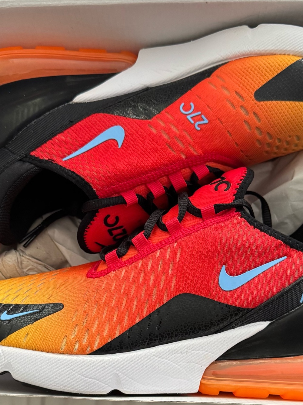 Nike Gradient Orange to Red Air Max 270 with Light Blue Swoosh